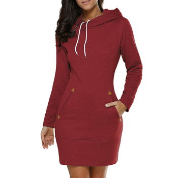 Plus Size Hooded Women's Long Sleeve Splice Pocket Sweatshirt Dress For Ladies High Neck Pullover Oversizes Blouses Femme Tops